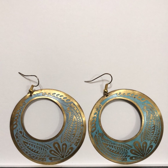 Jewelry - Vintage Metal Painted Earrings in Gold and Turquoise Design